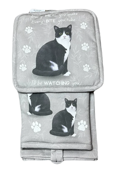 Pet Oven Mitt Set Black and White Cat Dish Towel 