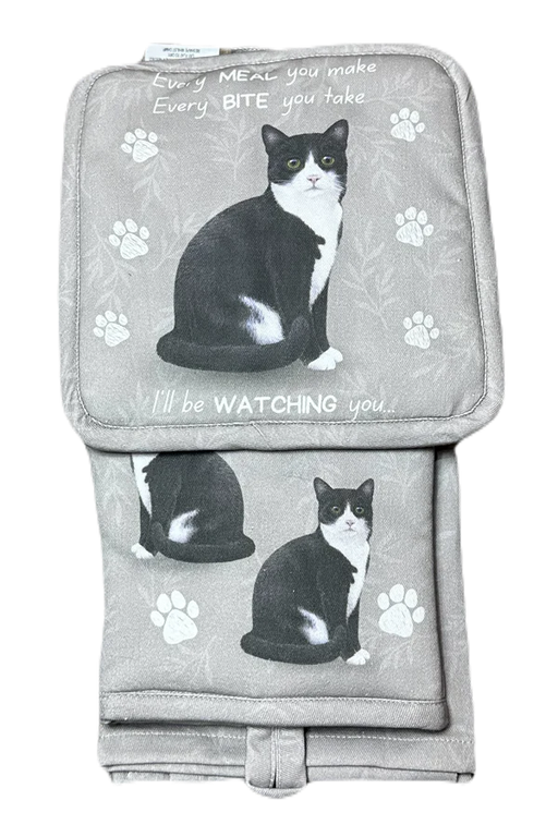 Pet Oven Mitt Set Black and White Cat Dish Towel 