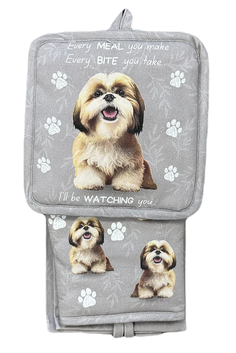 Pet Oven Mitt Set Brown and White Shih Tzu Dish Towel 