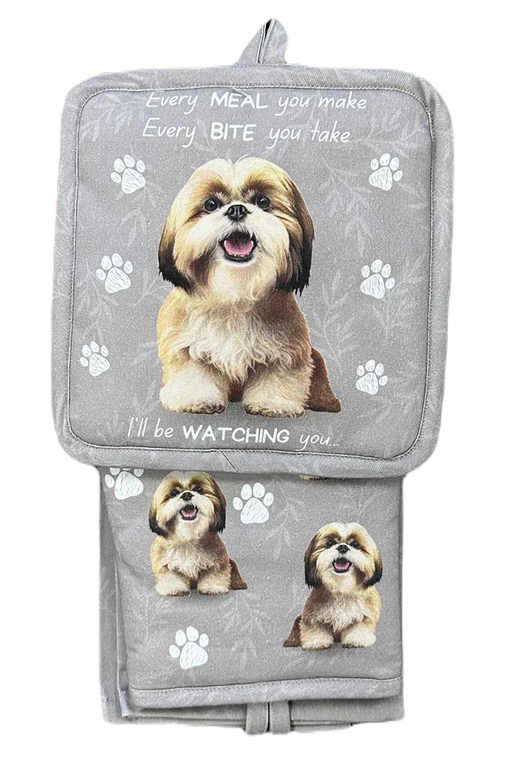 Pet Oven Mitt Set Brown and White Shih Tzu Dish Towel 