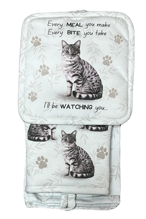 Pet Oven Mitt Set Silver Tabby Dish Towel 