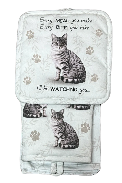 Pet Oven Mitt Set Silver Tabby Dish Towel 